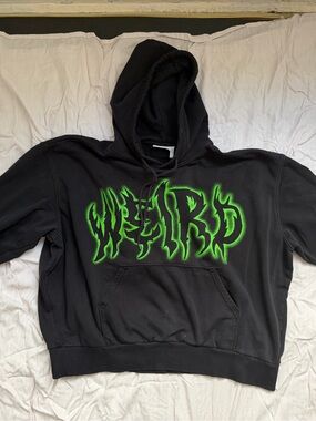 Weekday Alisa Printed Hoodie “Weird” Green and Black Sweatshirt